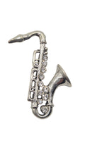 Silver Tone Metal Saxophone Brooch Rhinestone Detail Music Pin
