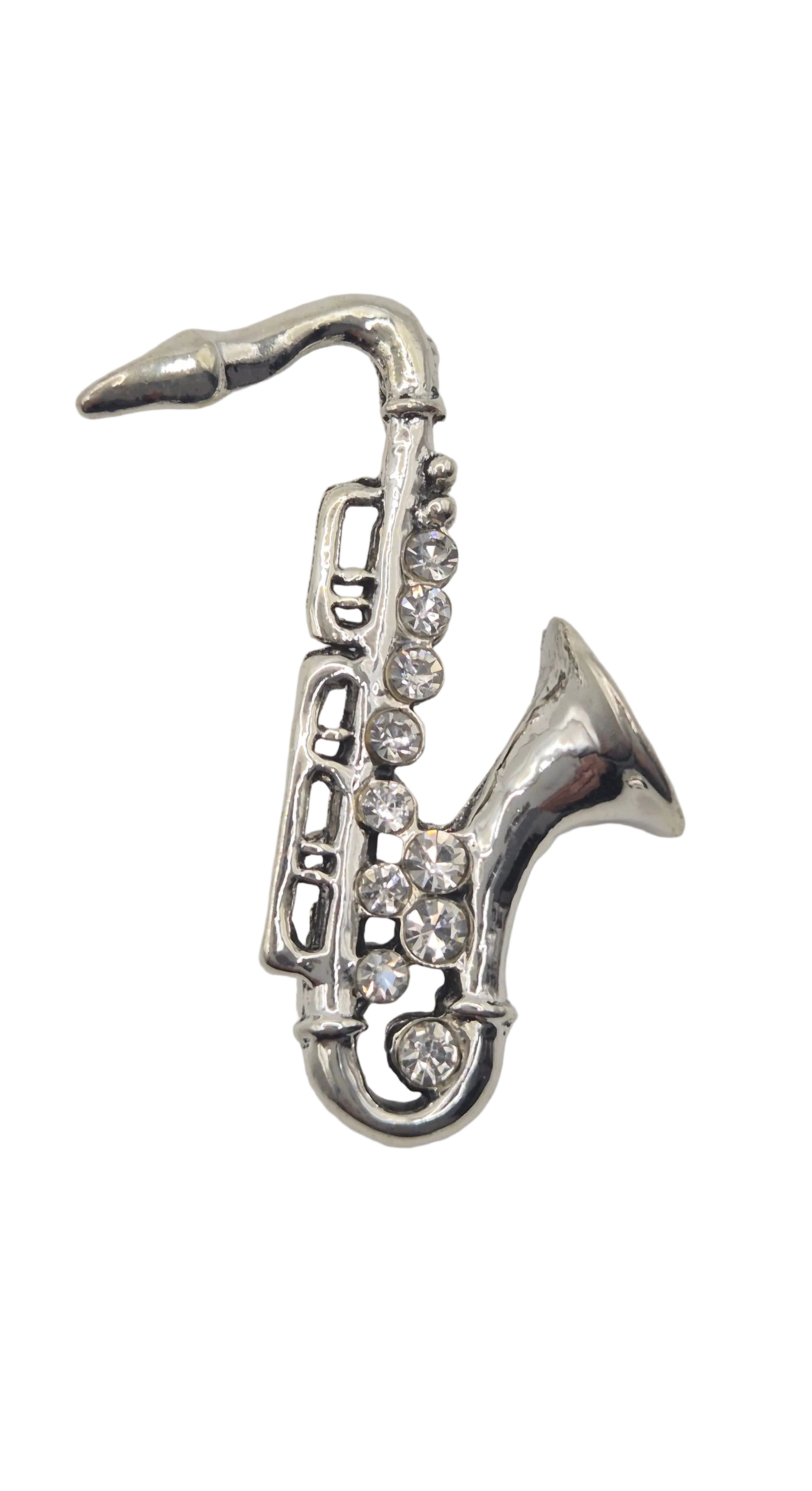 Silver Tone Metal Saxophone Brooch Rhinestone Detail Music Pin