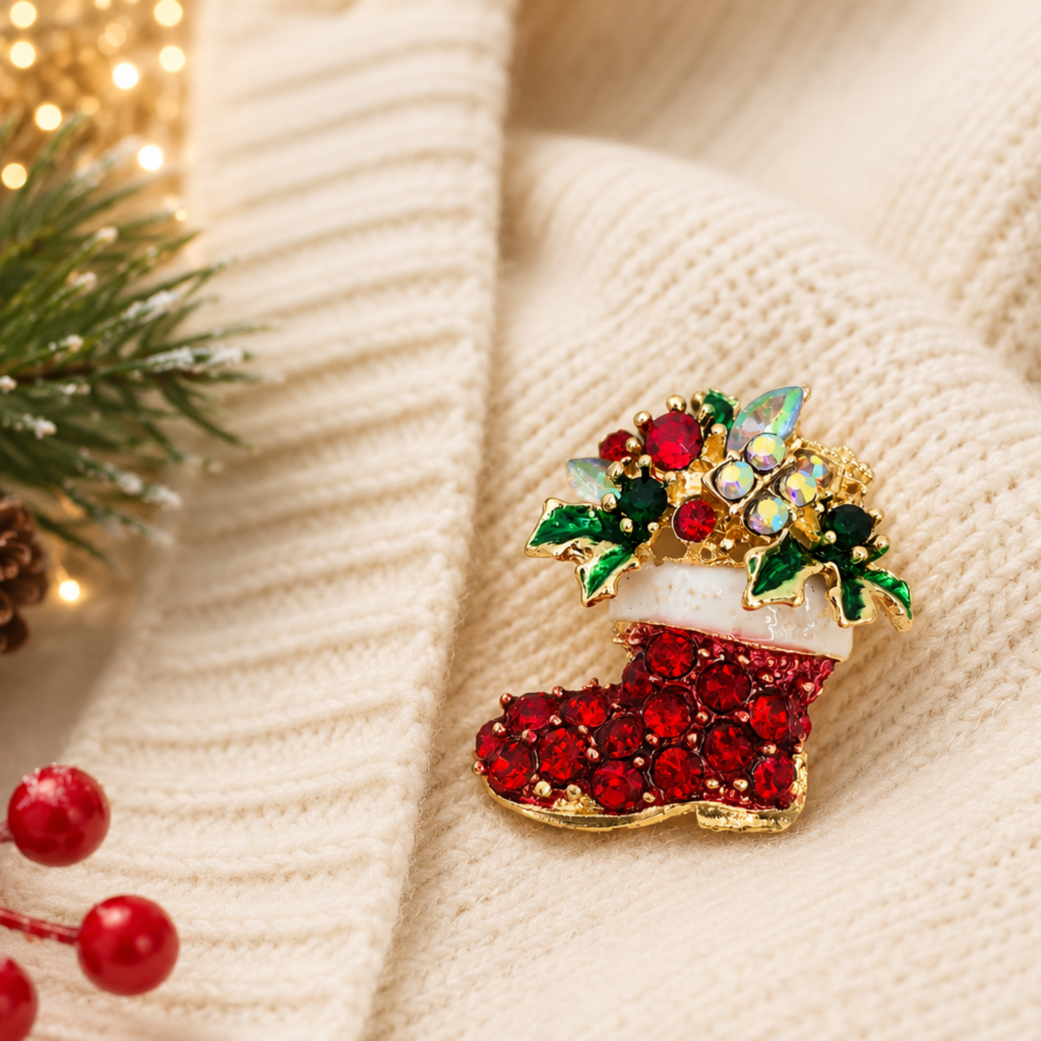 A Christmas stocking brooch with red rhinestones, green holly leaves, and gold trim, resting on a cream-colored ribbed knit sweater. The background is decorated with pine needles, a pinecone, red berries, and warm bokeh lights.