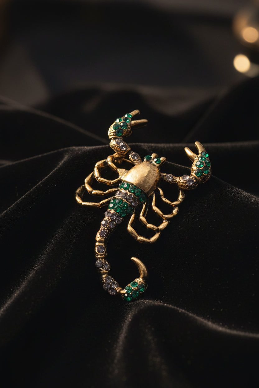 A gold metal scorpion brooch with green rhinestones on black velvet with soft lighting.