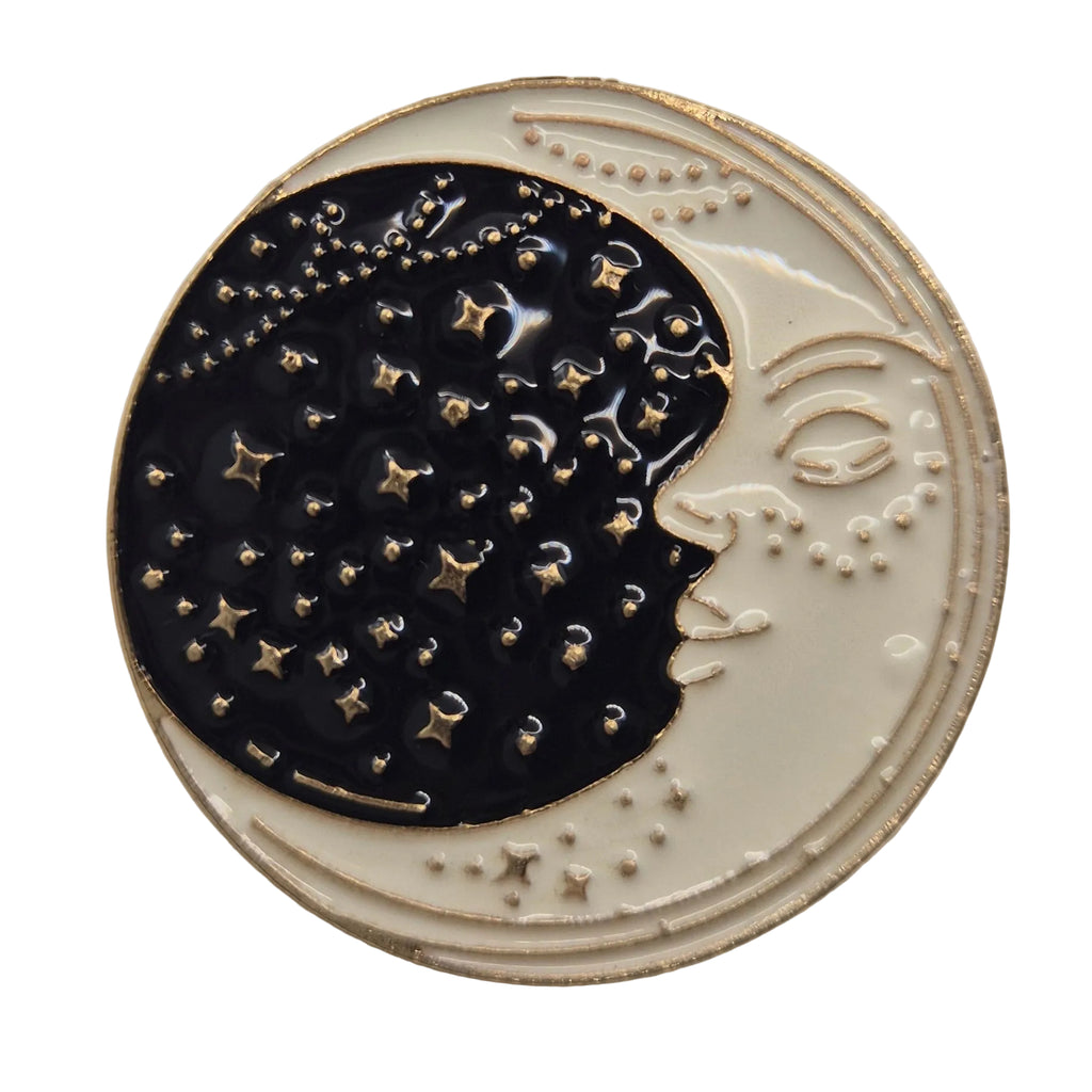 gold moon and stars celestial pin brooch on white background