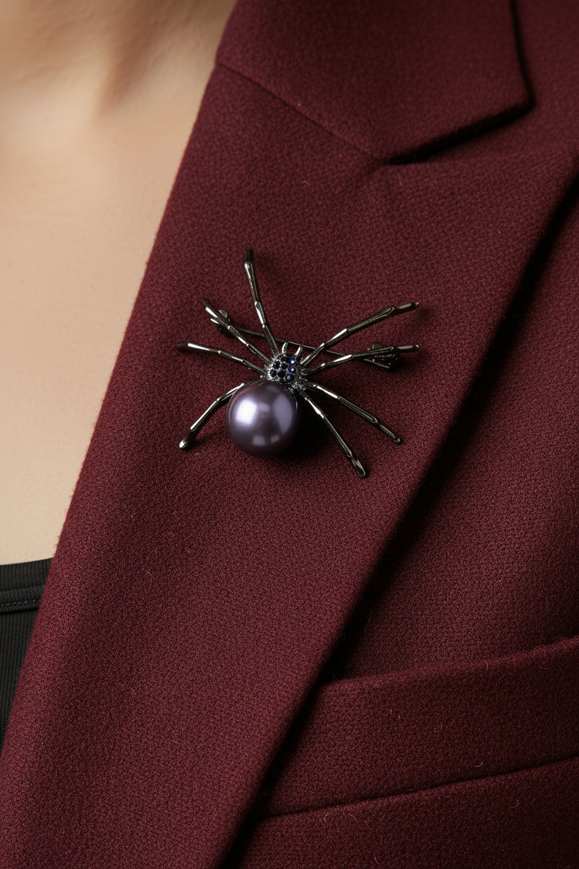 A spider-shaped brooch featuring a lustrous dark purple pearl as its body and metallic silver-toned legs, shown being worn on a burgundy red jacket.