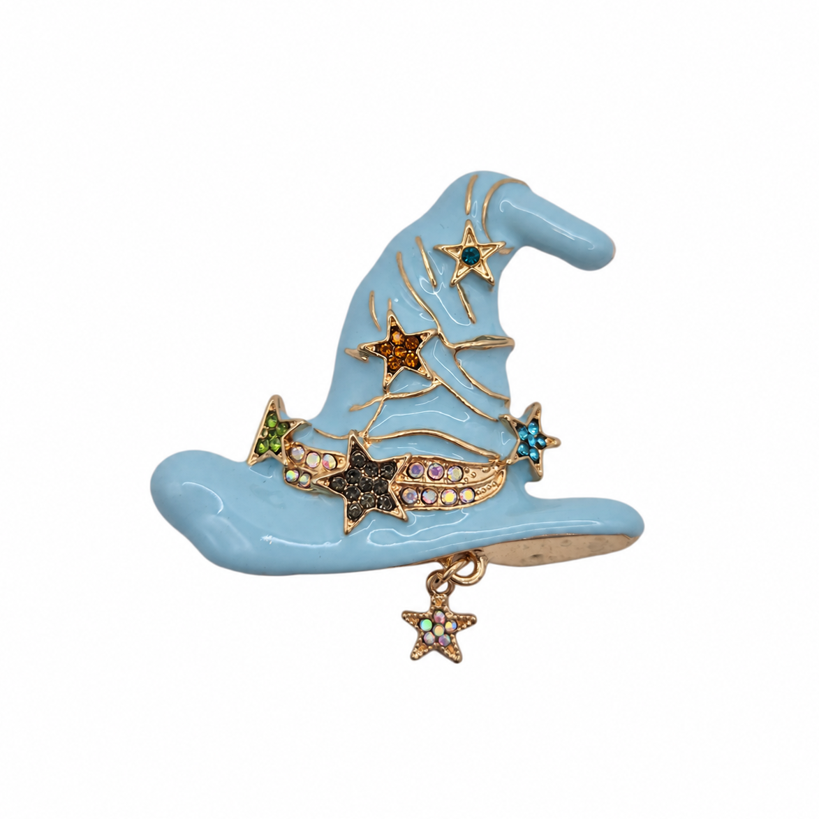 A light blue witch hat brooch with gold-tone metal trim and multiple colorful star charms, shown on a plain white background.