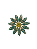 A gold-tone flower-shaped brooch with green rhinestone-encrusted petals and a yellow center stone, shown on a plain white background.