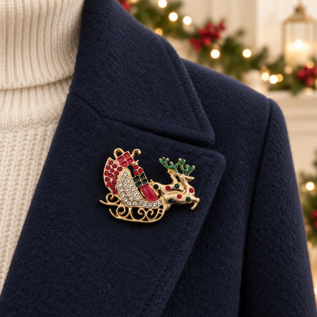 A festive Christmas-themed brooch featuring a reindeer pulling a sleigh, pinned onto a navy blue coat worn over a cream knit sweater. The brooch is detailed with gold metal, red enamel, green accents, and clear rhinestones.
