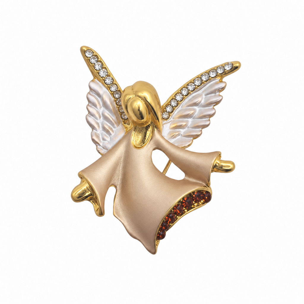Gold angel brooch with white enamel wings, clear rhinestone wing edges, with dark red crystals, shown on a plain white background.