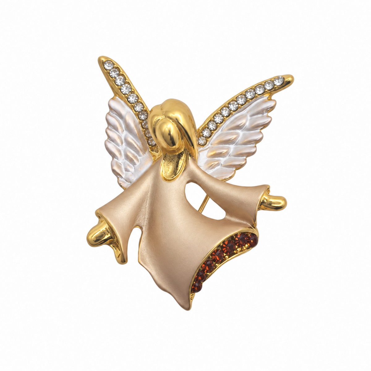 Gold angel brooch with white enamel wings, clear rhinestone wing edges, with dark red crystals, shown on a plain white background.