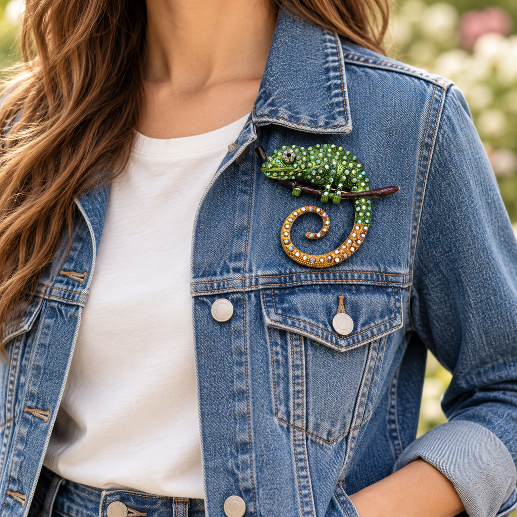 A close-up of a person wearing a blue denim jacket over a white t-shirt, featuring a green beaded chameleon brooch pinned to the left chest pocket.