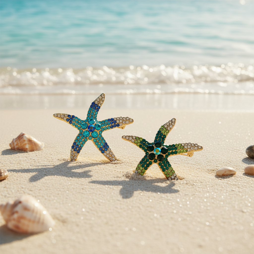 2 starfish brooches on beach