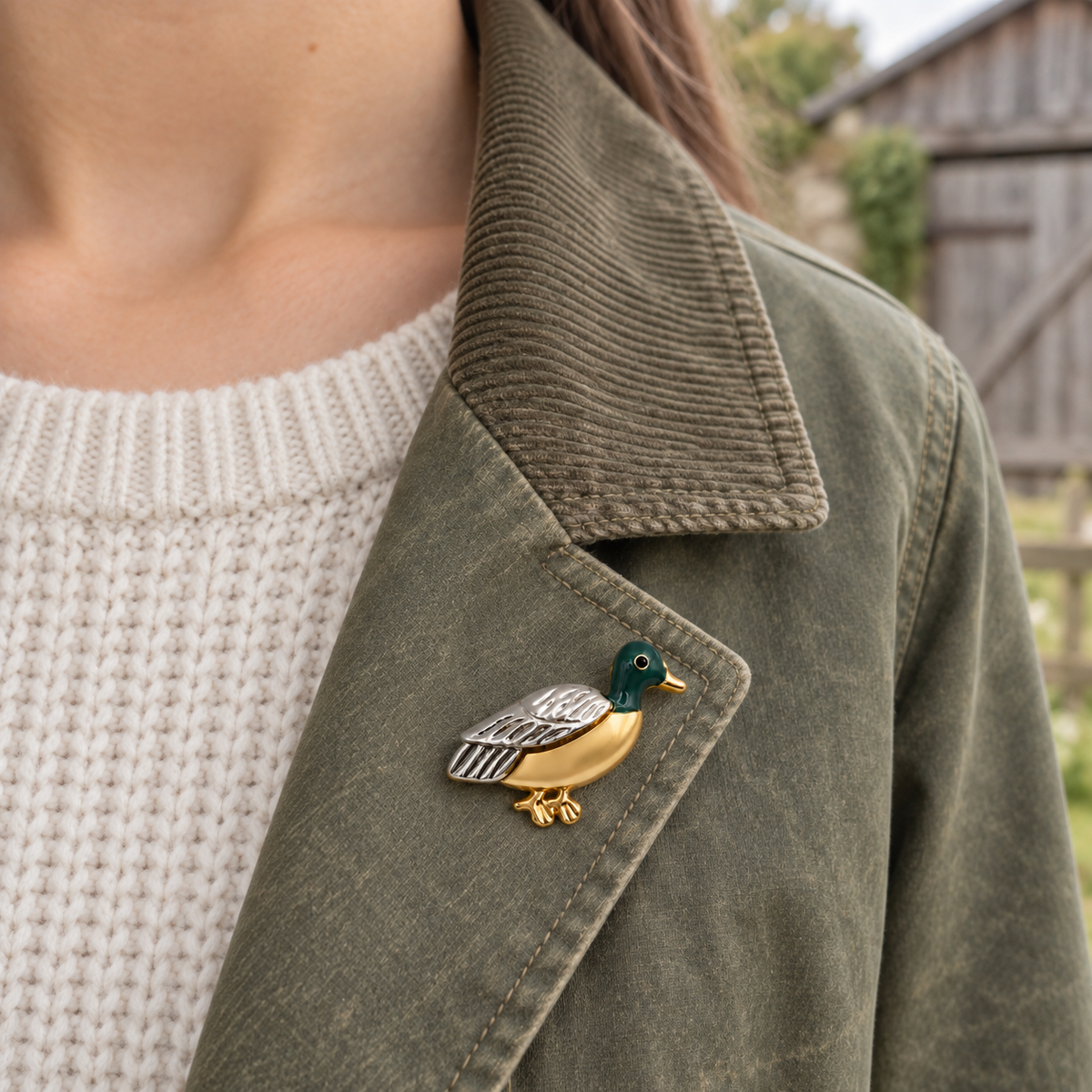 A close-up of a person wearing an olive green corduroy jacket over a cream knit sweater, with a small duck-shaped brooch pinned to the lapel. The brooch has a gold-toned body, green head, and silver wing details.