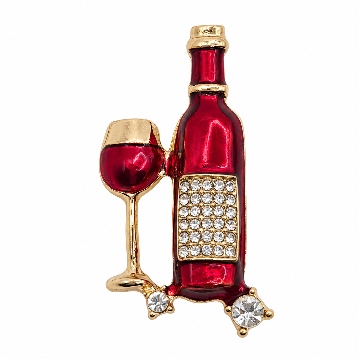 A red and gold enamel pin shaped like a wine bottle next to a wine glass, embellished with clear rhinestones on the bottle label and base, set against a plain white background.