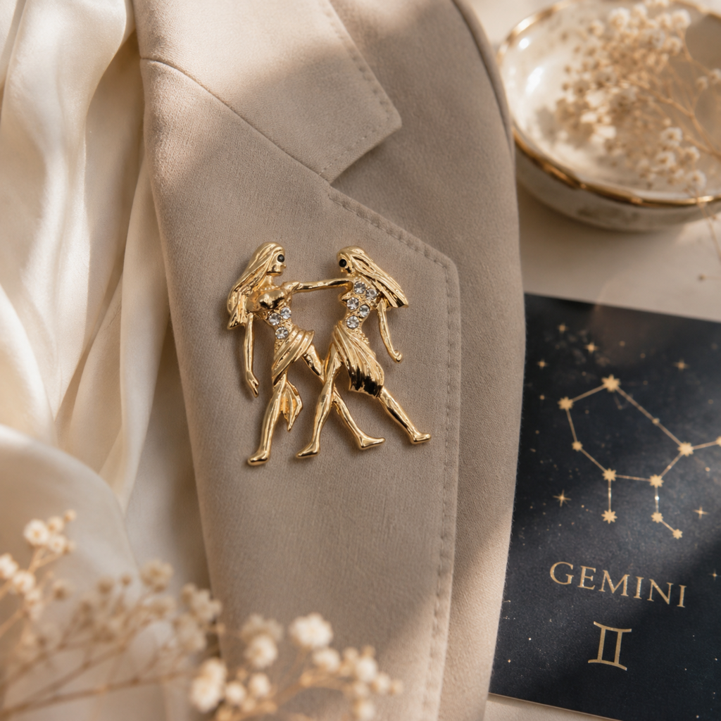A gold Gemini zodiac-themed brooch featuring two dancing figures with clear crystal accents, pinned to a beige blazer. The scene is styled with a cream silk scarf, a small dish of crystals, and a Gemini card in the background.