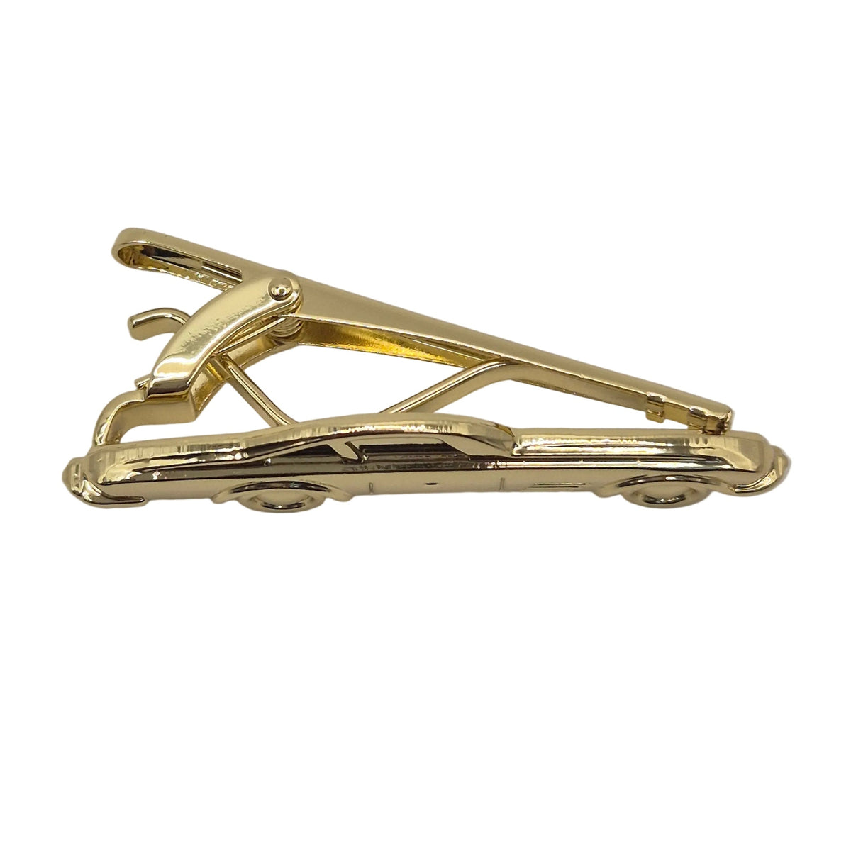 A gold tie bar featuring a stylized car design with wheels and windows, shown on a plain white background.