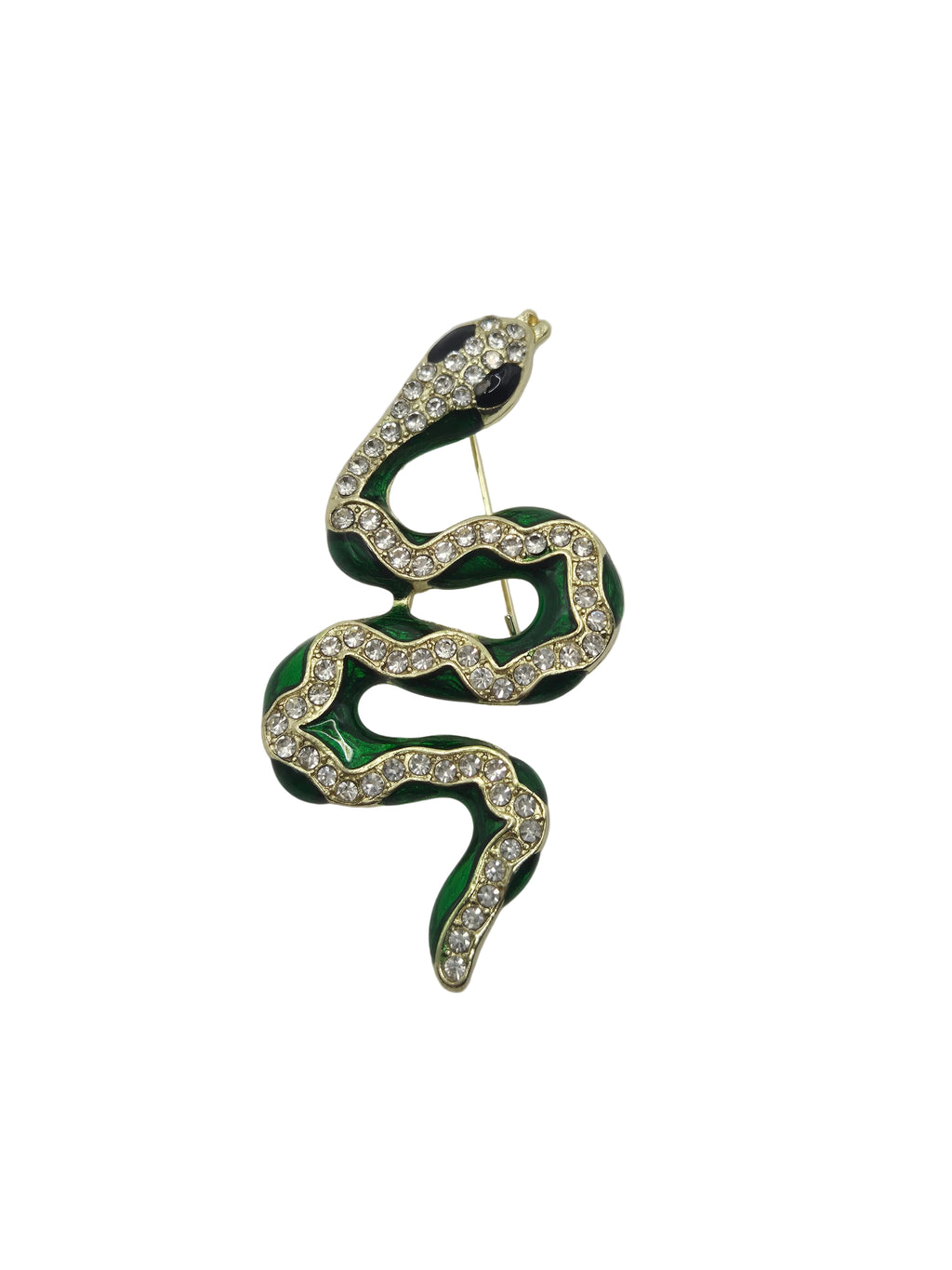 A snake-shaped brooch with dark green enamel, gold-tone metal outlines, and clear rhinestones, featuring a small black eye detail, shown on a plain white background.
