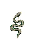 A snake-shaped brooch with dark green enamel, gold-tone metal outlines, and clear rhinestones, featuring a small black eye detail, shown on a plain white background.