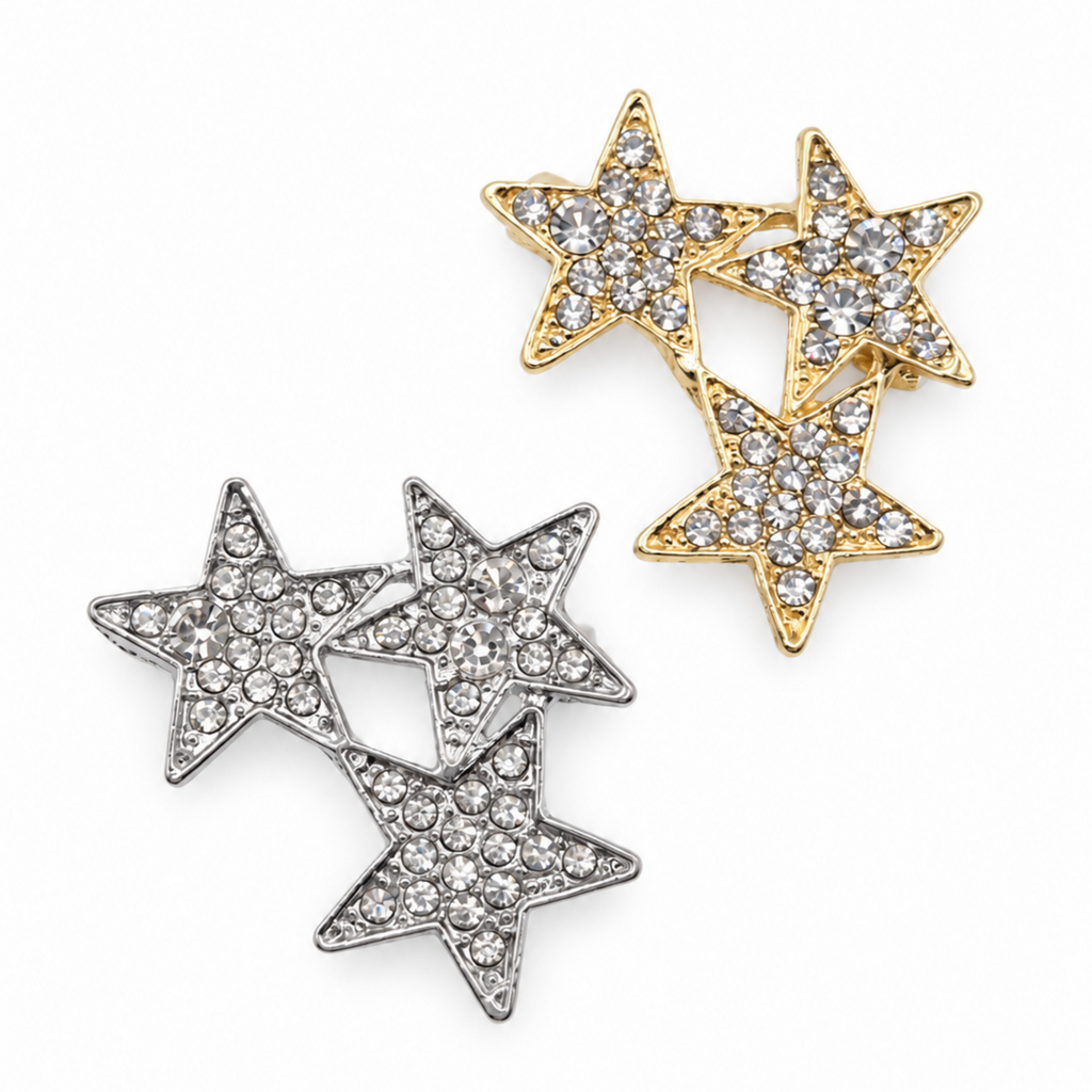 Triple Star Rhinestone Brooch Pin