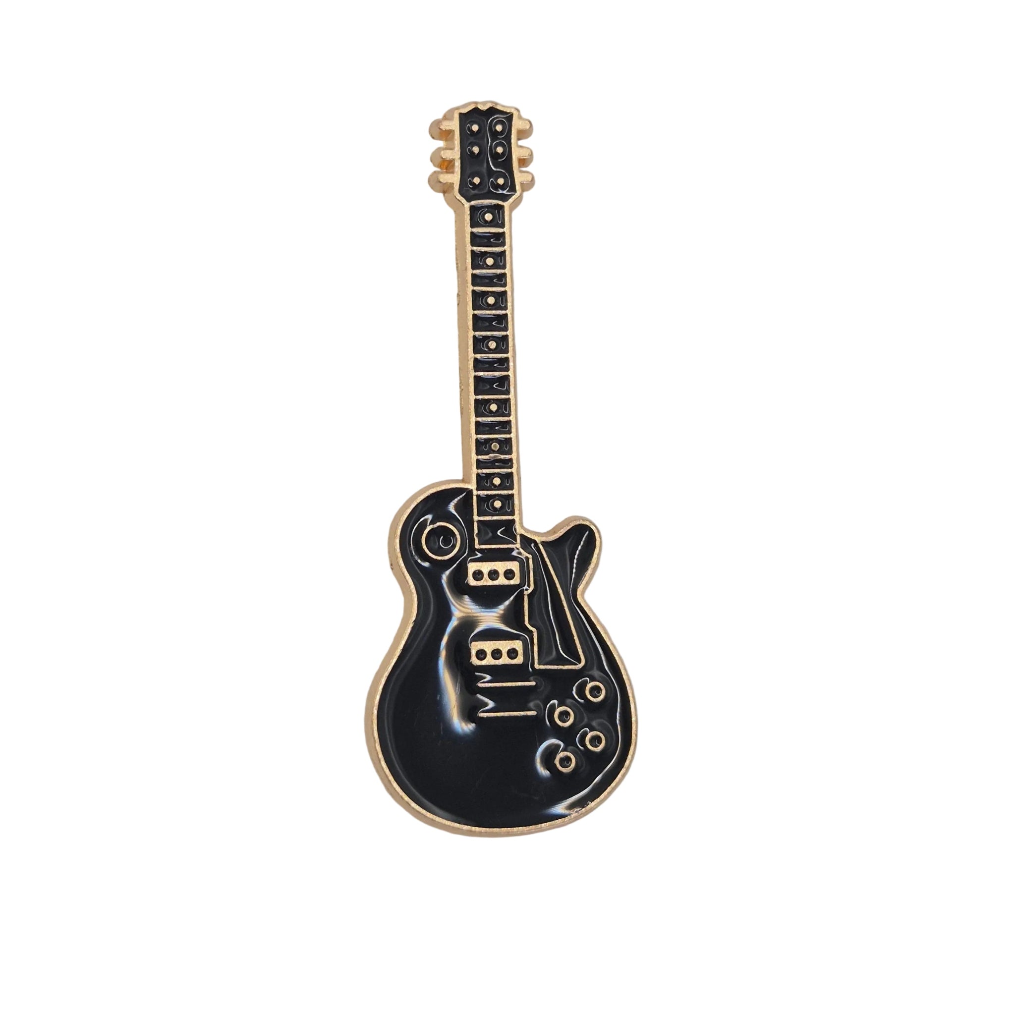 A guitar-shaped enamel pin with a glossy black body and gold-tone neck, headstock, and trim, displayed on a white background.