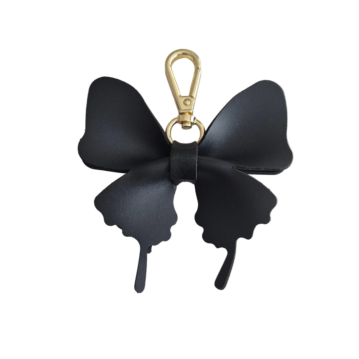 A black butterfly-shaped keychain or bag charm with a gold-tone lobster clasp, shown on a plain white background.