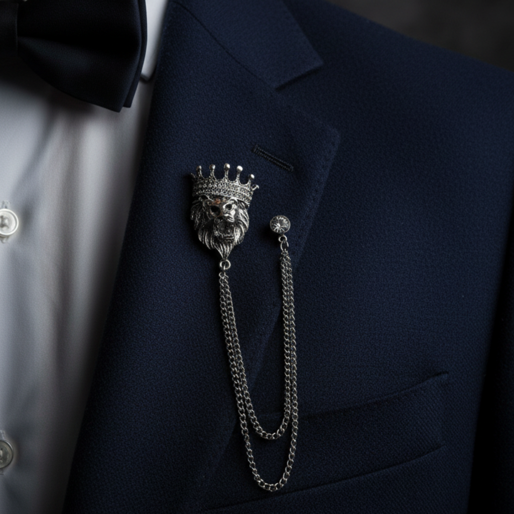 A silver lion head with a crown and chain brooch pinned to a navy blue suit jacket over a white dress shirt and black bow tie.