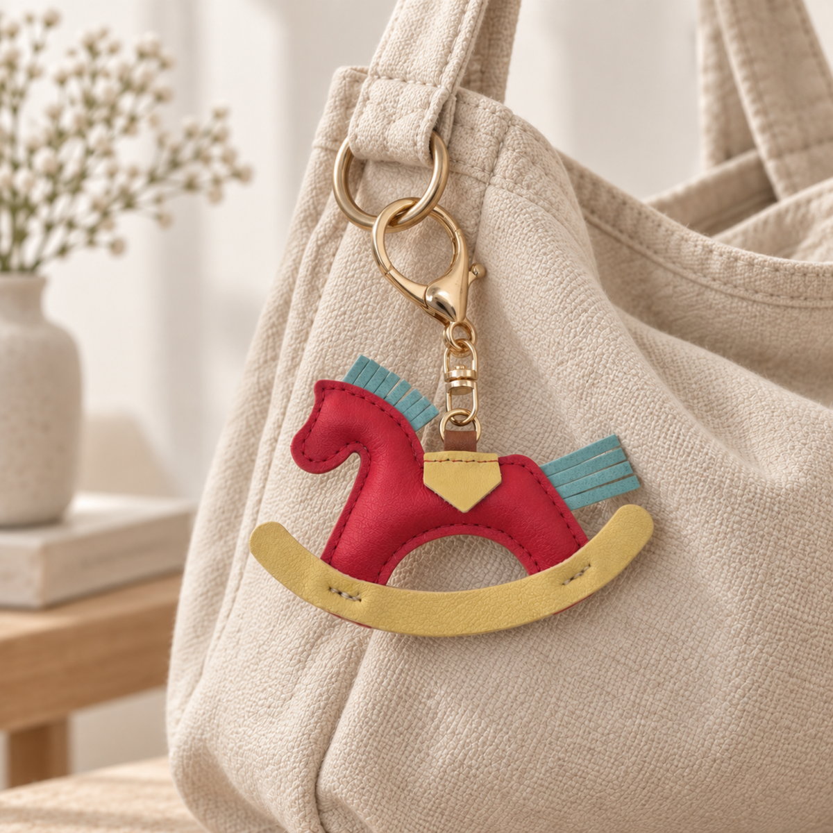 A colorful faux-leather rocking horse keychain charm hanging from a gold-tone clasp on a beige canvas tote bag, set against a softly blurred indoor background with a vase of flowers.