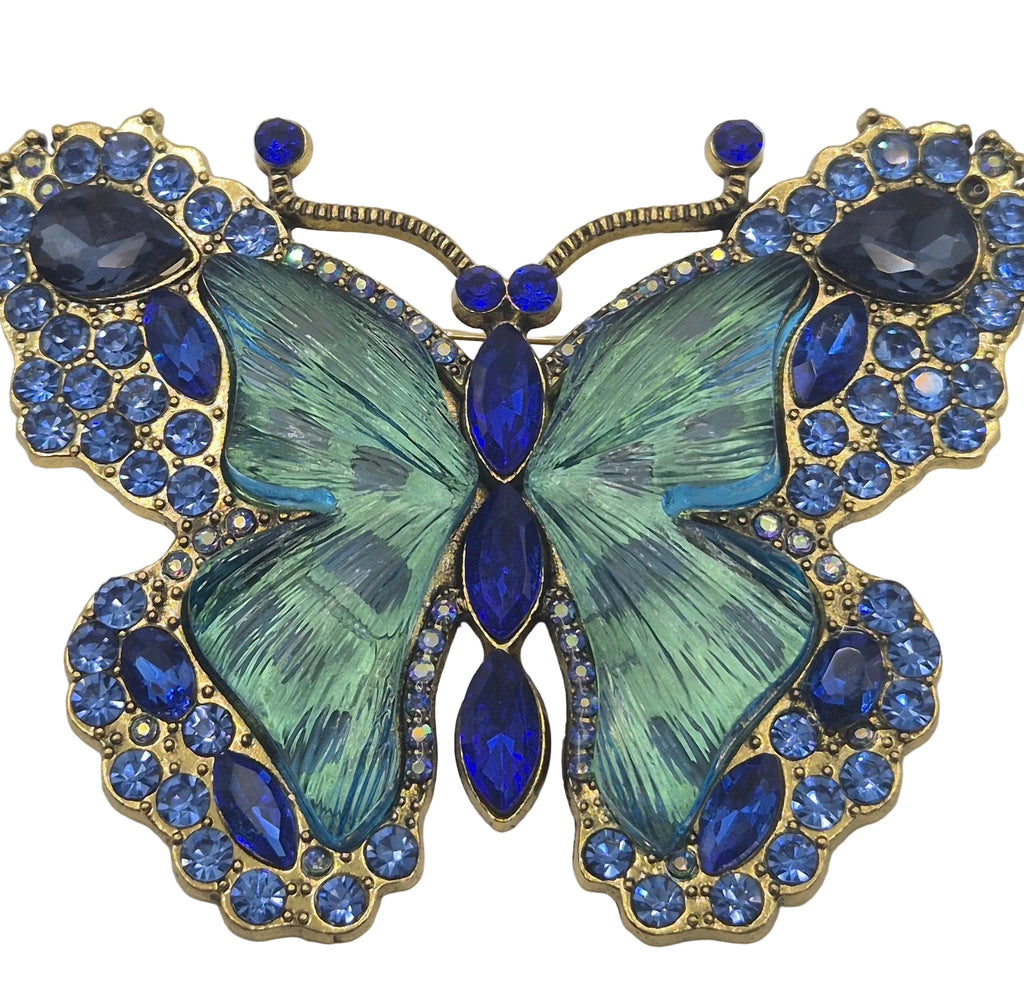 Large blue and gold butterfly brooch with rhinestones