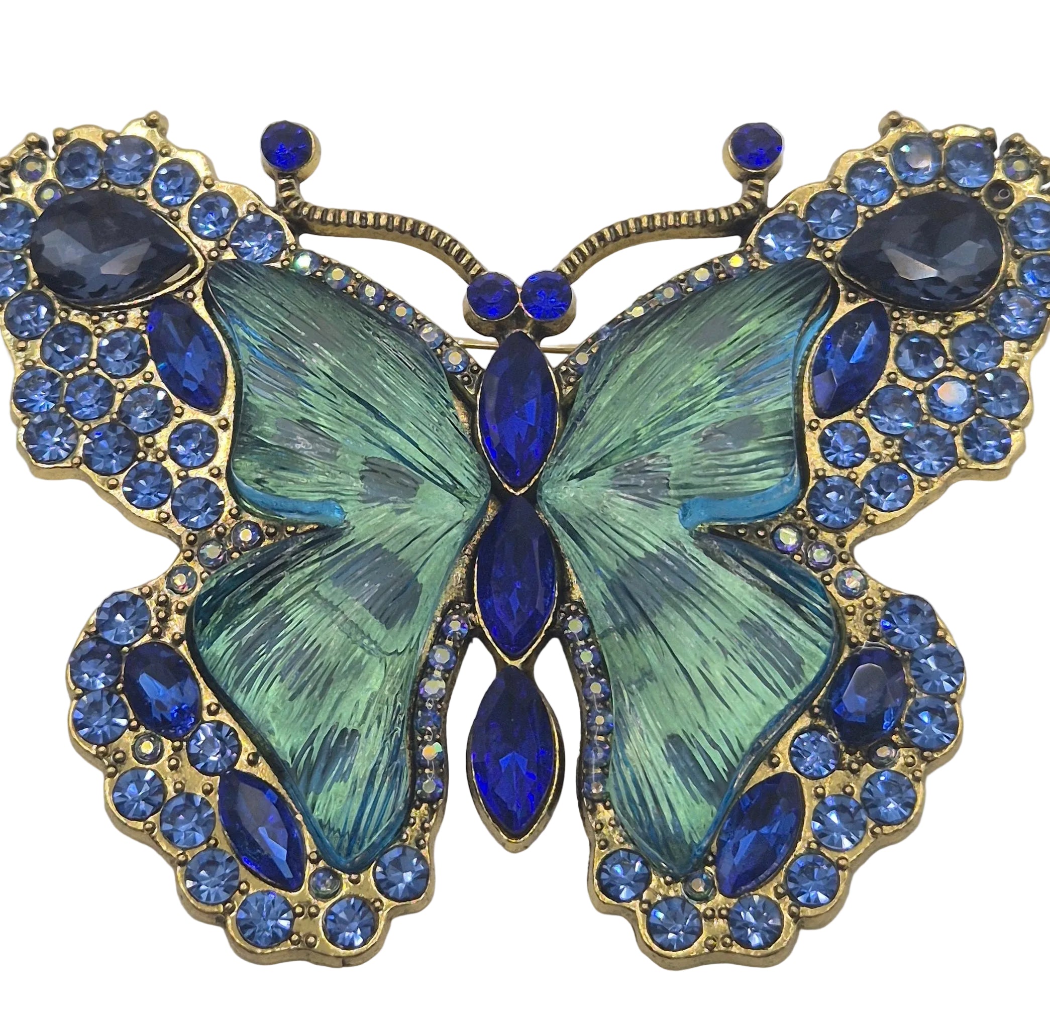 Large blue and gold butterfly brooch with rhinestones