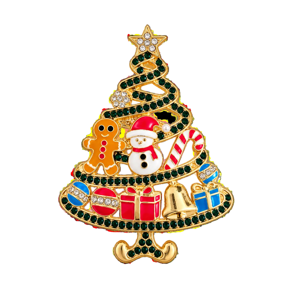 A gold-toned Christmas tree brooch pin featuring green rhinestone-encrusted branches, decorated with colorful enamel holiday motifs including a gingerbread man, snowman, candy cane, gifts, and bells.