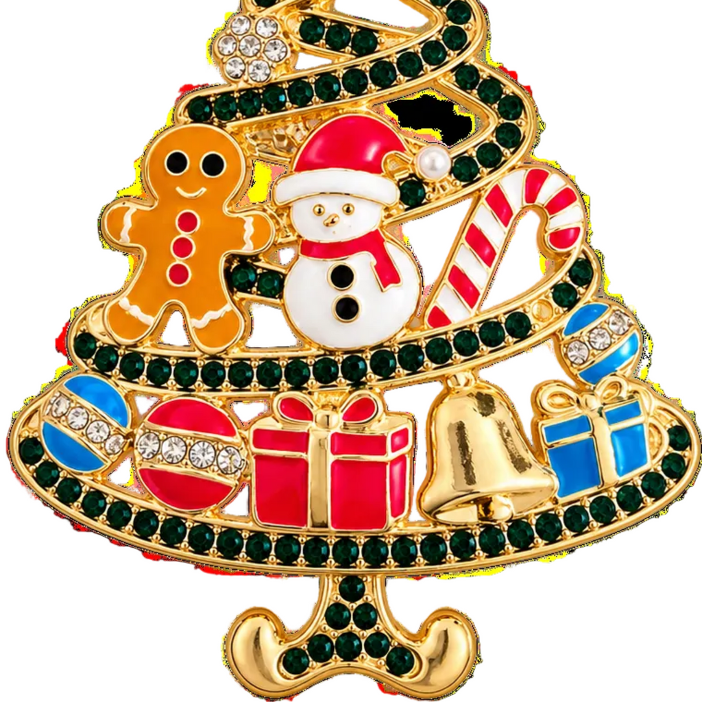 A gold-toned Christmas tree-shaped brooch or pin featuring colorful holiday enamel details, including a gingerbread man, snowman, candy cane, ornaments, gifts, and bells, set against a plain white background.