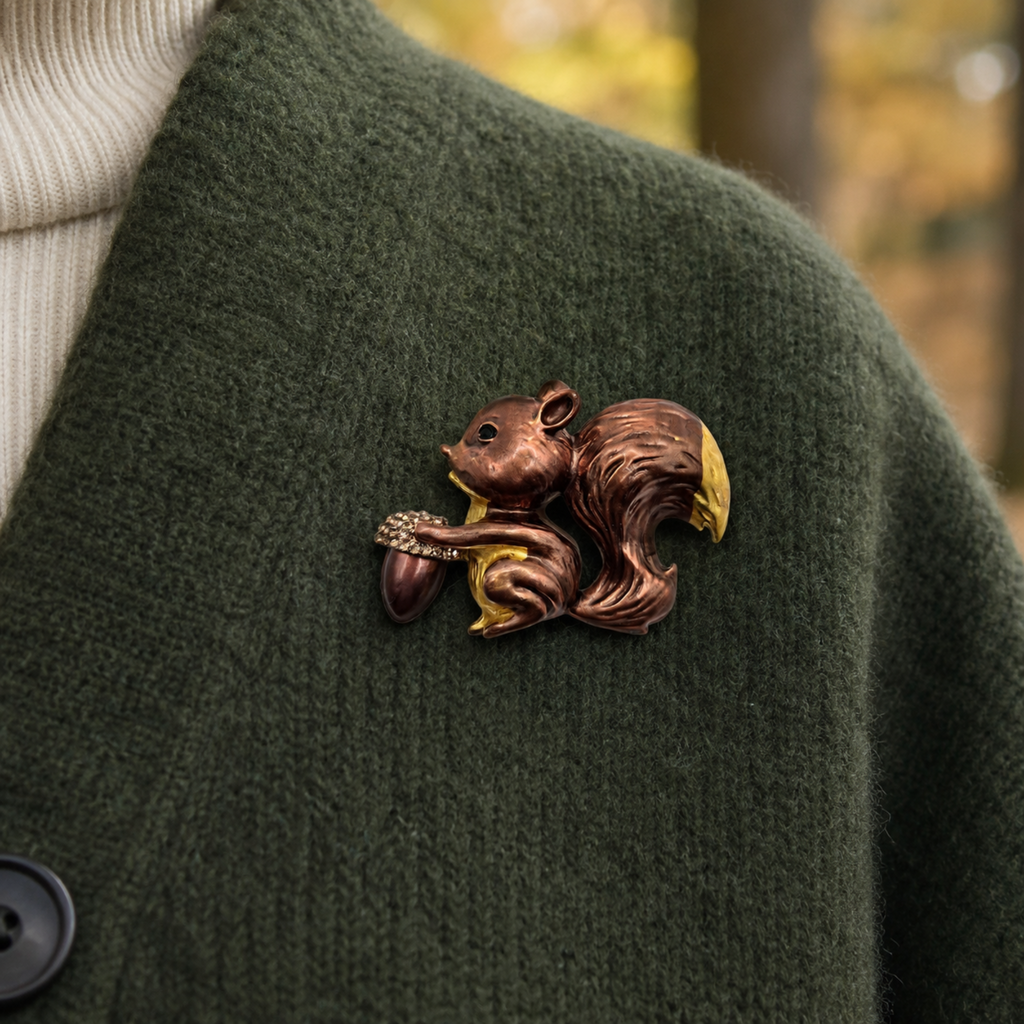 A detailed squirrel pin holding an acorn, styled on a dark green knit cardigan. The pin features a metallic bronze finish with gold accents on the tail and acorn.