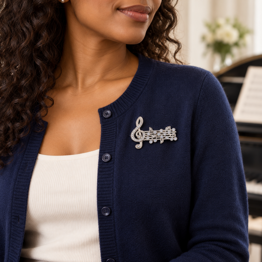 A close-up of a woman wearing a navy blue knit cardigan over a white top. The cardigan has a silver treble clef and musical notes brooch on the chest, and a softly blurred piano and flowers are visible in the background.