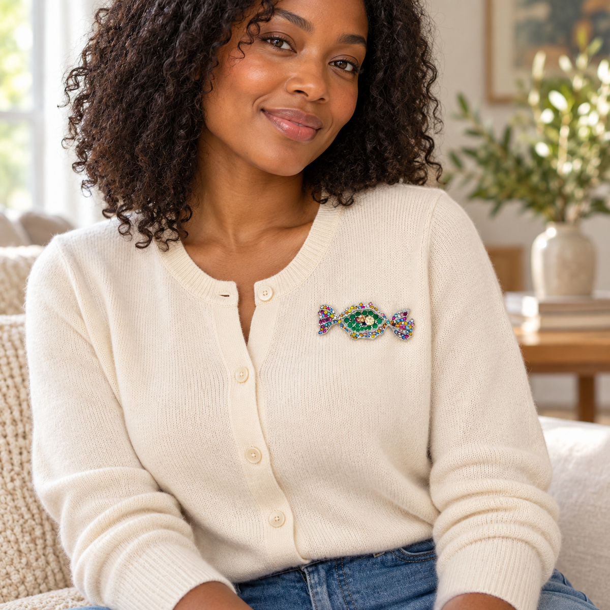 Woman wearing a multicoloured rhinestone candy brooch with green centre stones and a silver tone setting on a cream cardigan, styled with blue jeans.