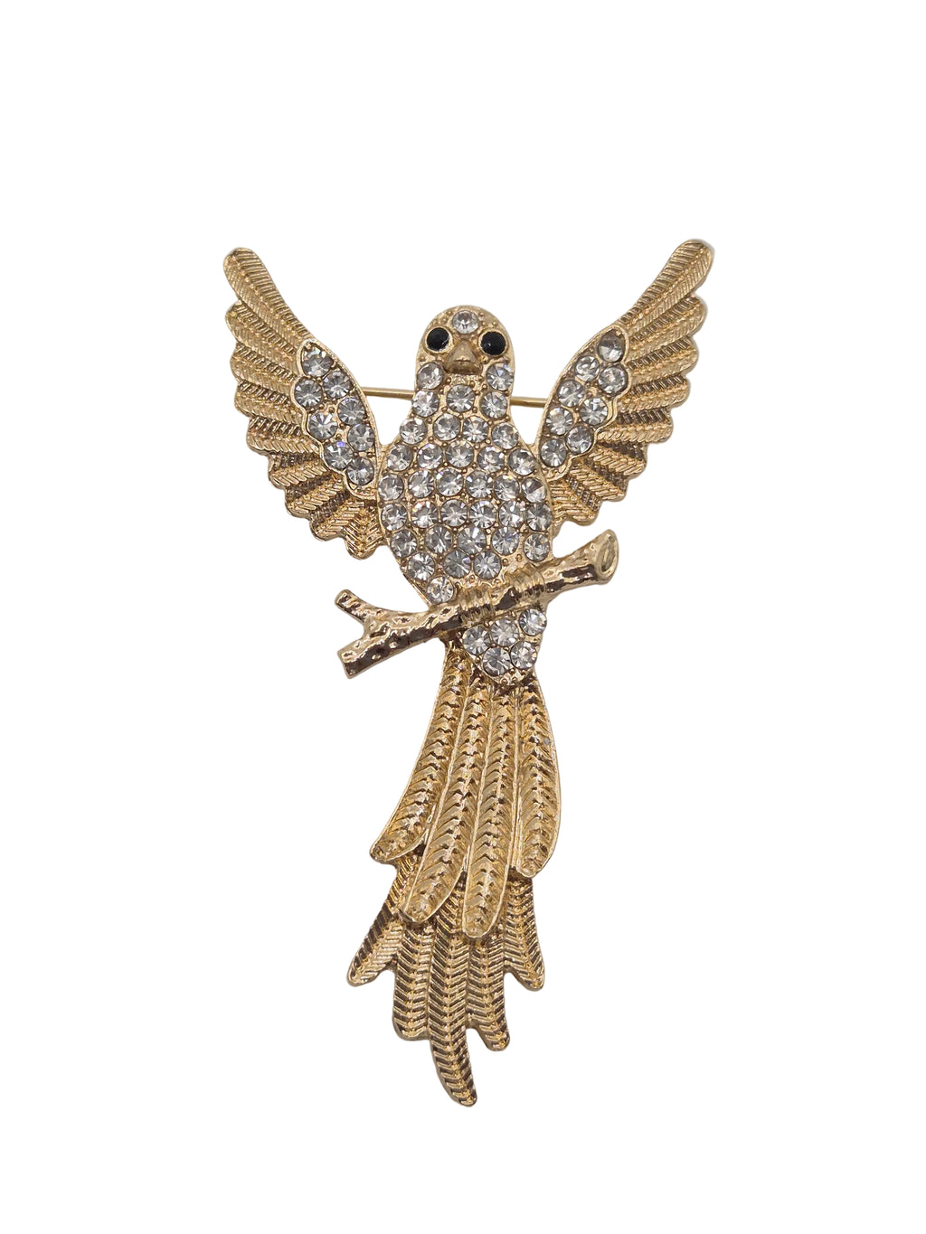 Gold bird brooch with wings spread, embellished with clear rhinestones on the body and tail, set against a plain white background.