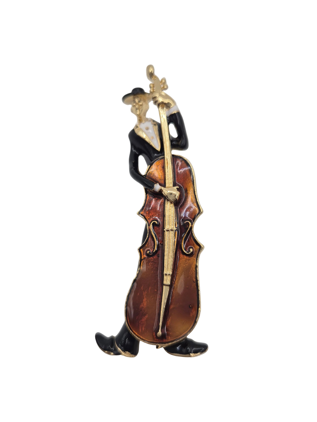 Violin-shaped brooch with gold accents on a gray background