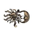 An antique-style gold-toned brooch featuring a sun and crescent moon face design, embellished with clear rhinestones, shown on a plain white background.