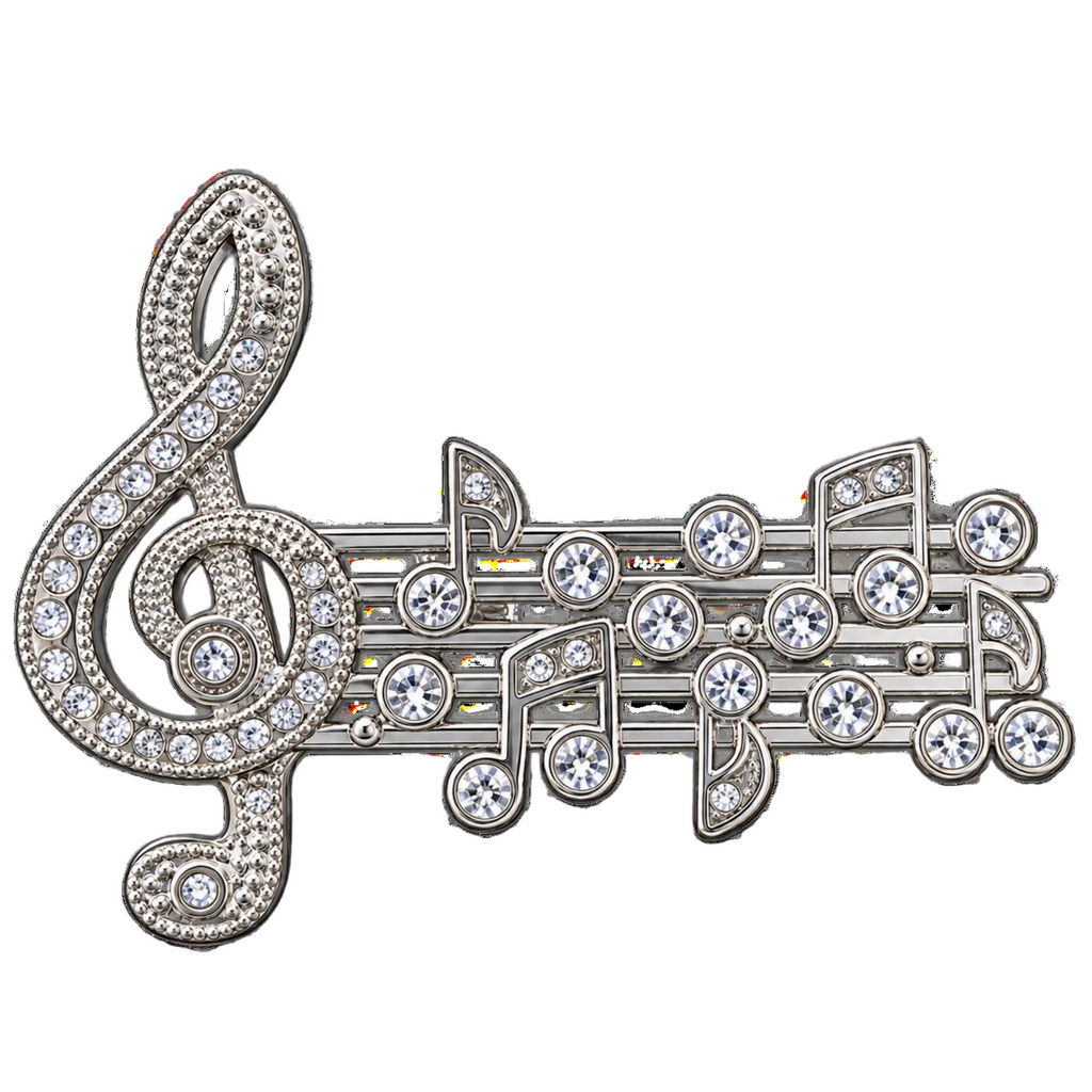 A silver-tone music-themed brooch pin featuring a treble clef and musical notes embellished with clear rhinestones, shown against a plain white background.