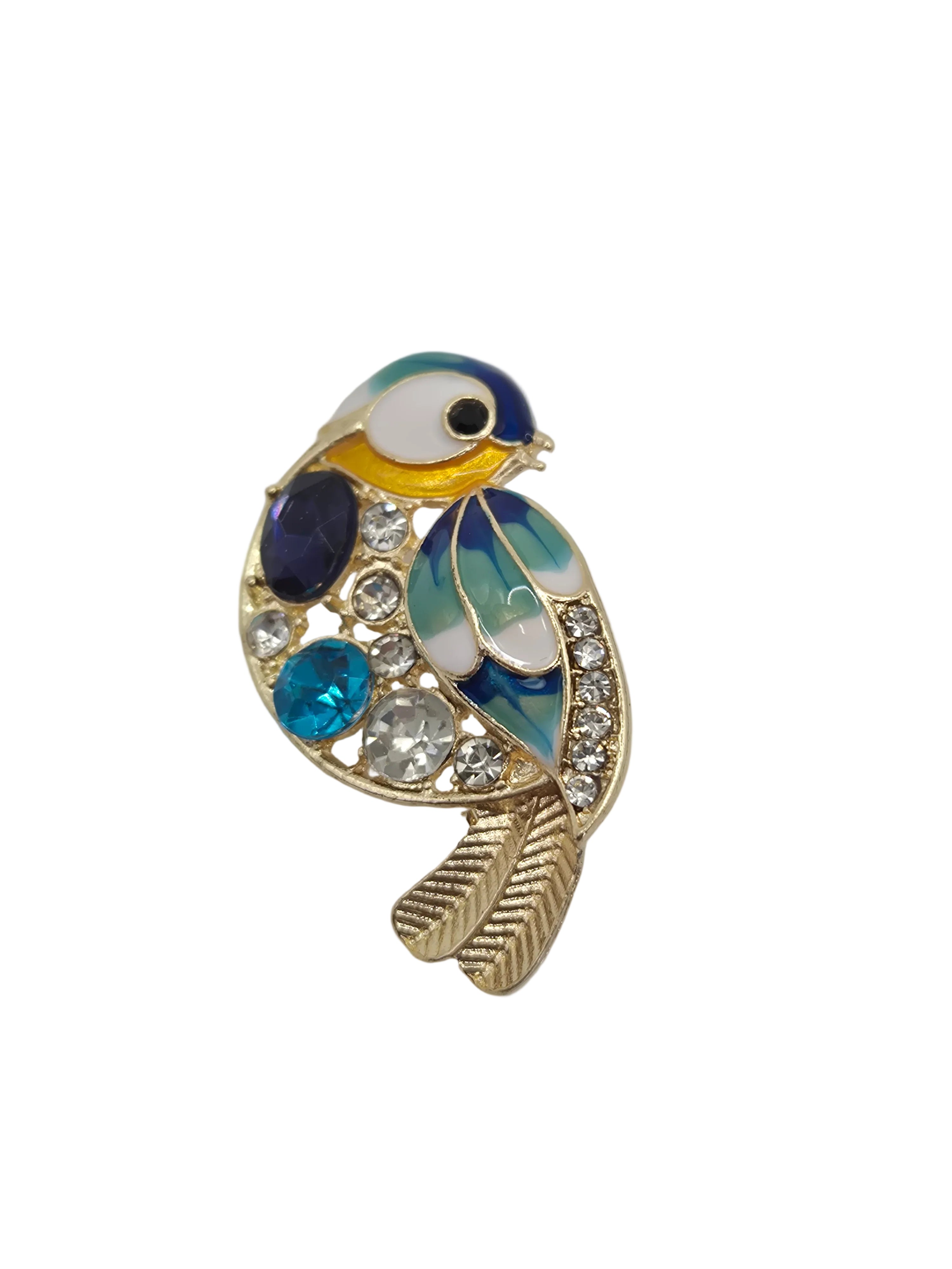 Blue and Gold Bird Brooch with Rhinestone Detail