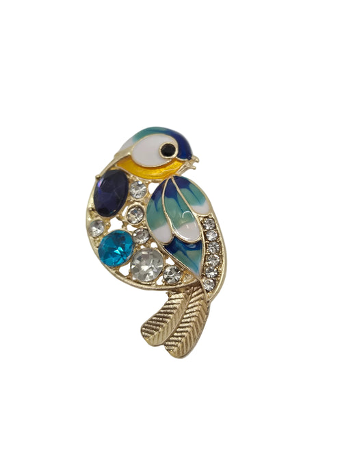 Blue and Gold Bird Brooch with Rhinestone Detail on white background