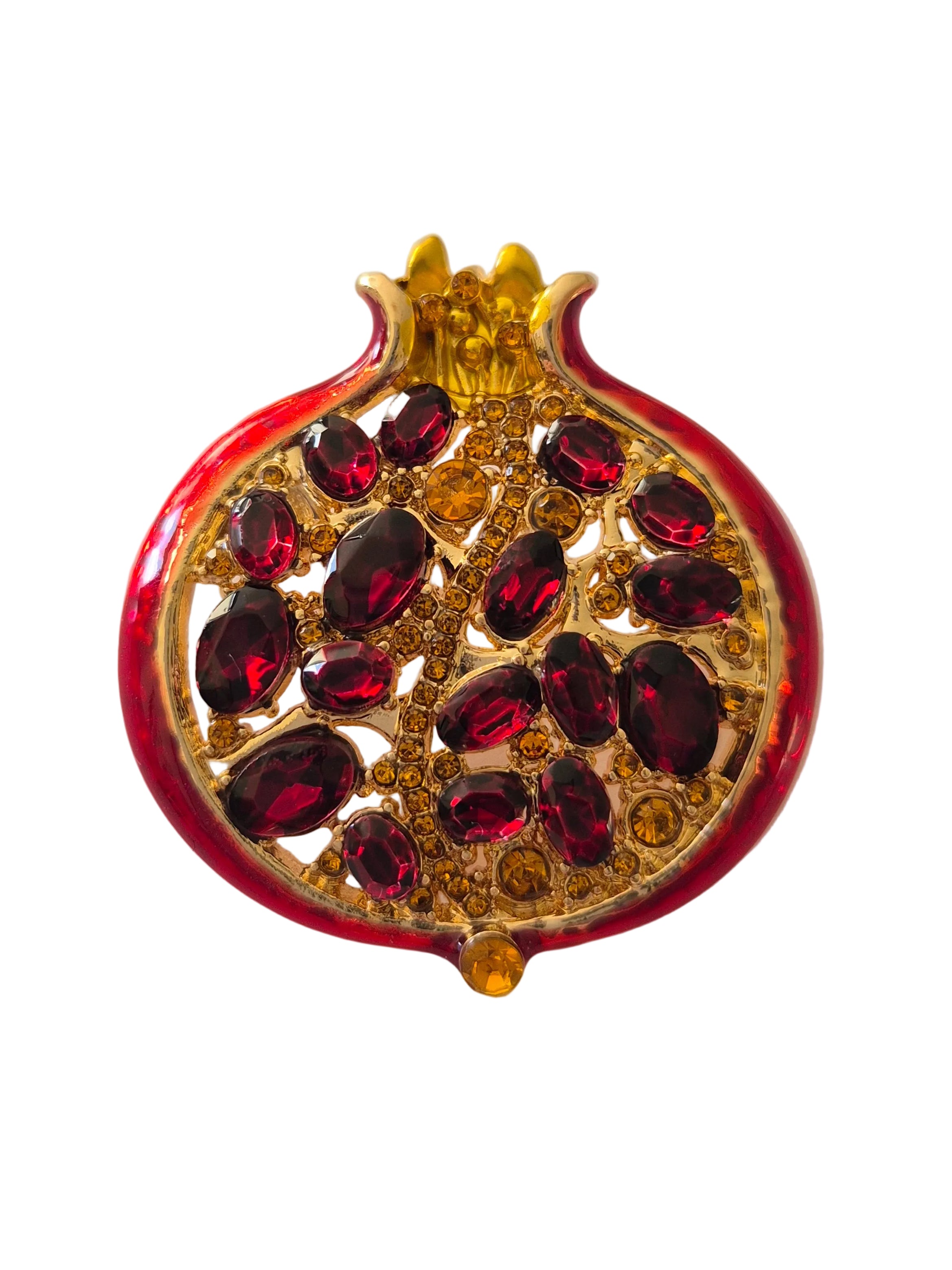  "Pomegranate brooch with red gemstones and gold accents on a white background"