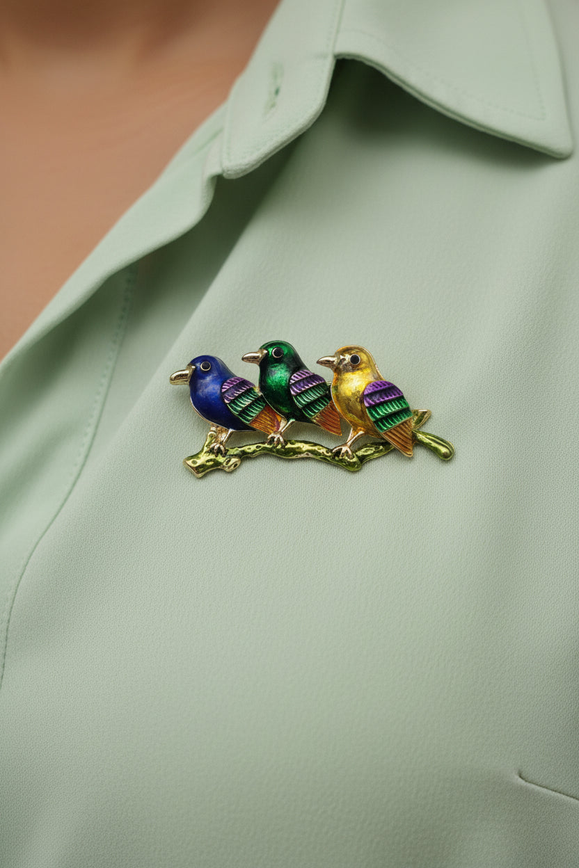 3 Birds on Branch Brooch - decorative birds on branch brooch on grey background