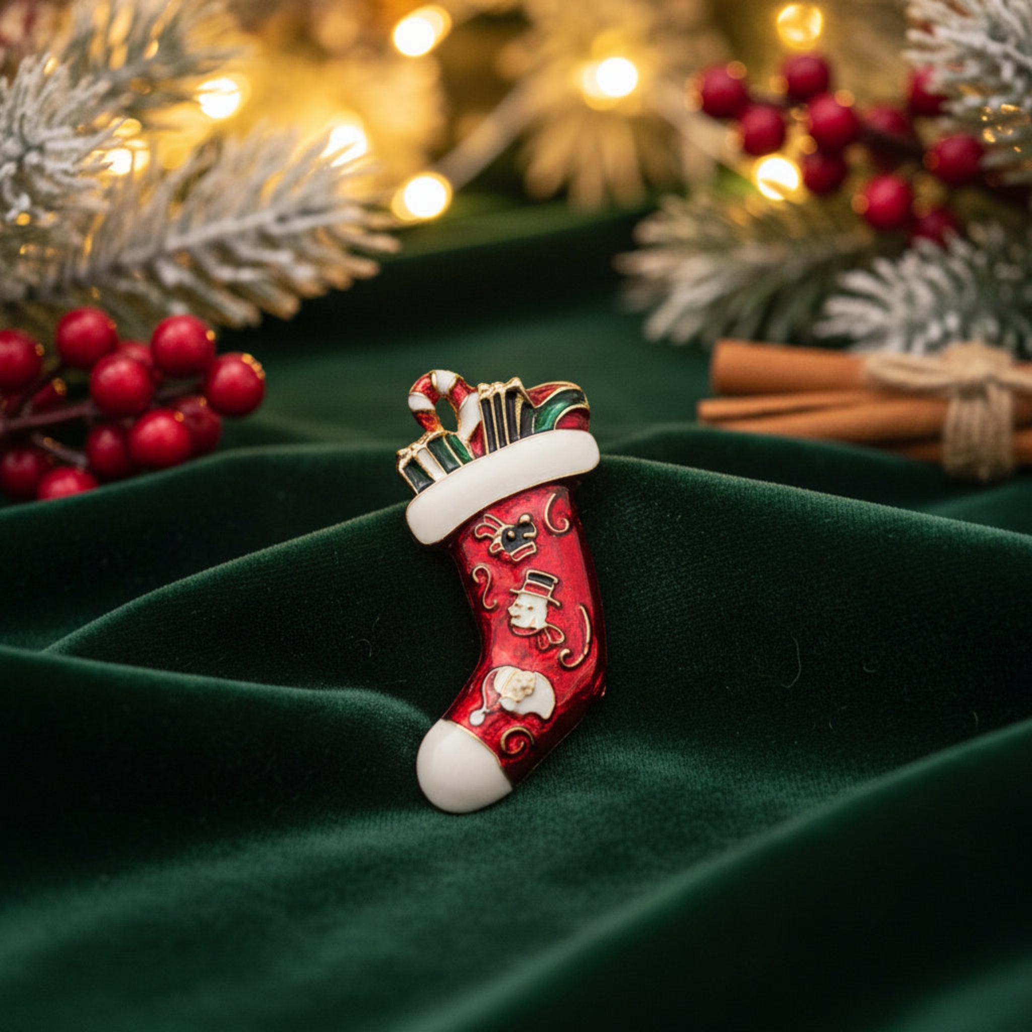 A Christmas stocking-shaped brooch or charm with a red body, white cuff and toe, and small Santa and candy cane details, photographed on  a green fabric with Christmas themed background. 