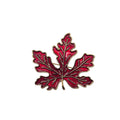A red maple leaf enamel pin with gold-toned metal outlines and vein details, centered on a plain white background.