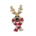 A small Christmas reindeer enamel pin with gold-tone metal, featuring a red and white striped scarf and red-and-white striped antlers, set against a plain white background.