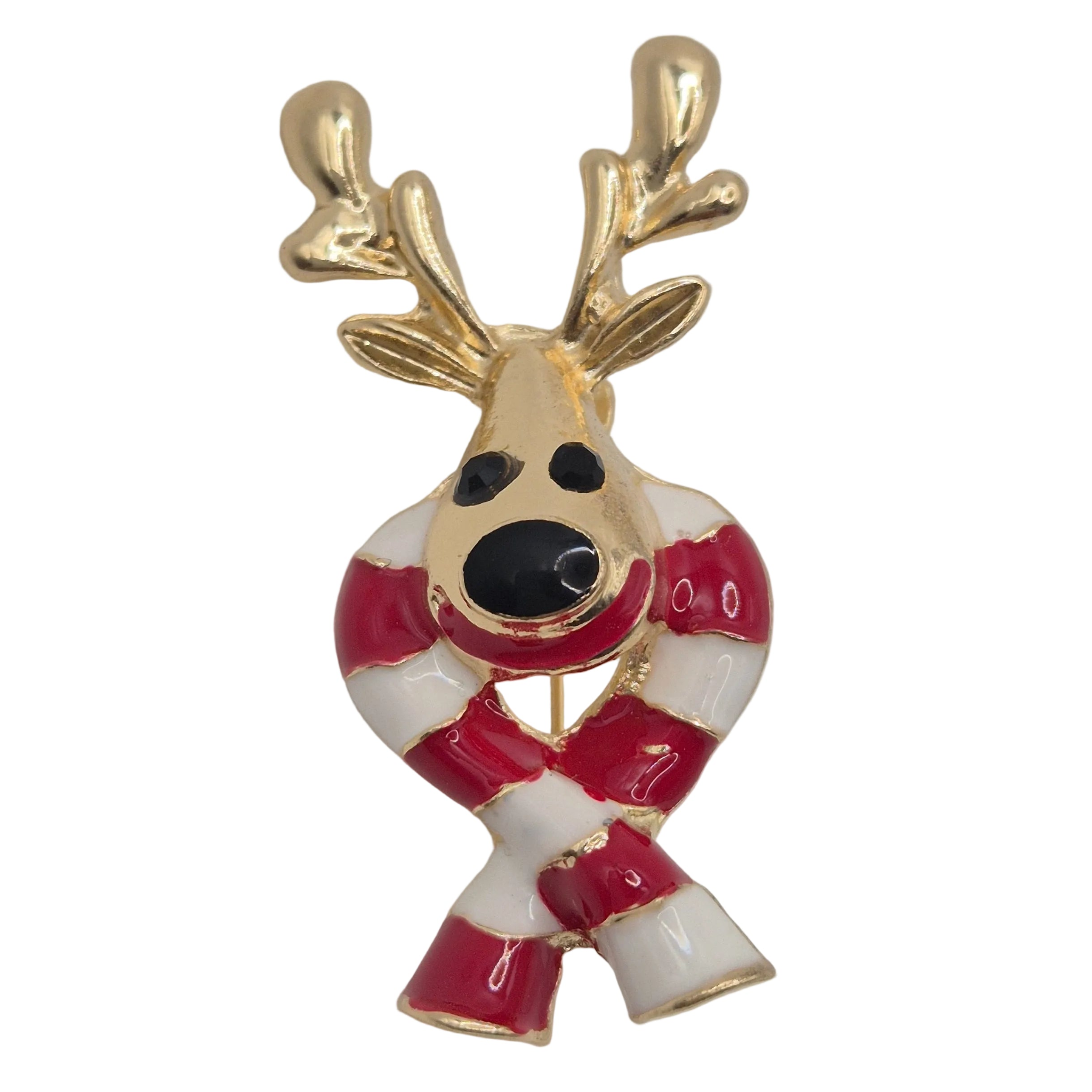 A Christmas-themed reindeer brooch with gold-tone metal, featuring a red and white striped scarf and red and white striped body accents, set against a plain white background.