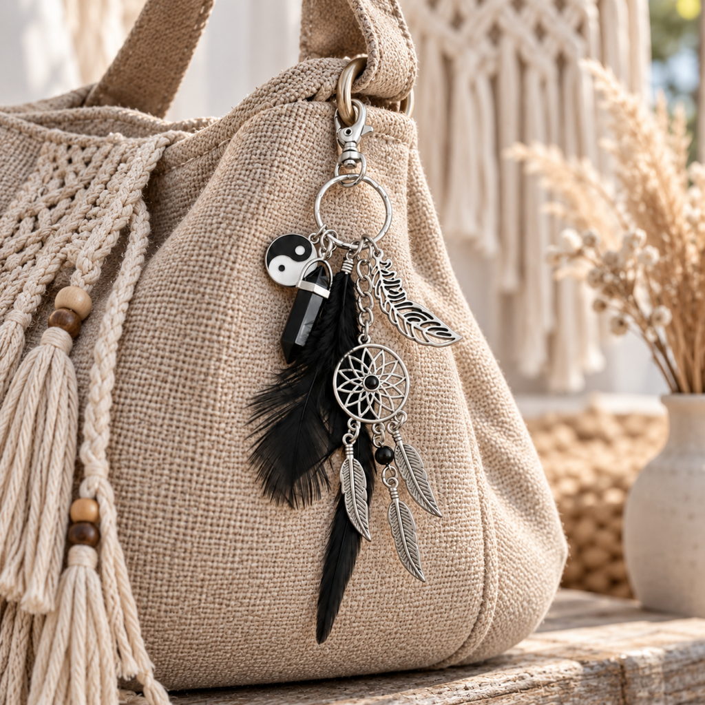 Dreamcatcher bag charm with black feathers, silver feather pendants, yin-yang symbol and black crystal, displayed on a neutral woven boho bag.