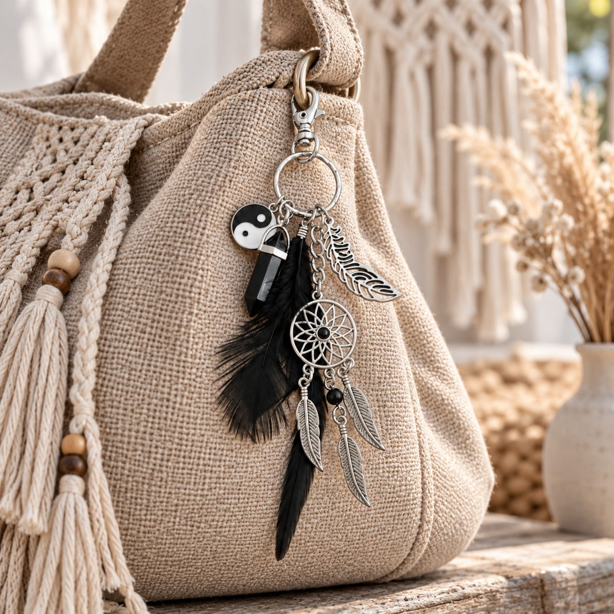 Dreamcatcher bag charm with black feathers, silver feather pendants, yin-yang symbol and black crystal, displayed on a neutral woven boho bag.