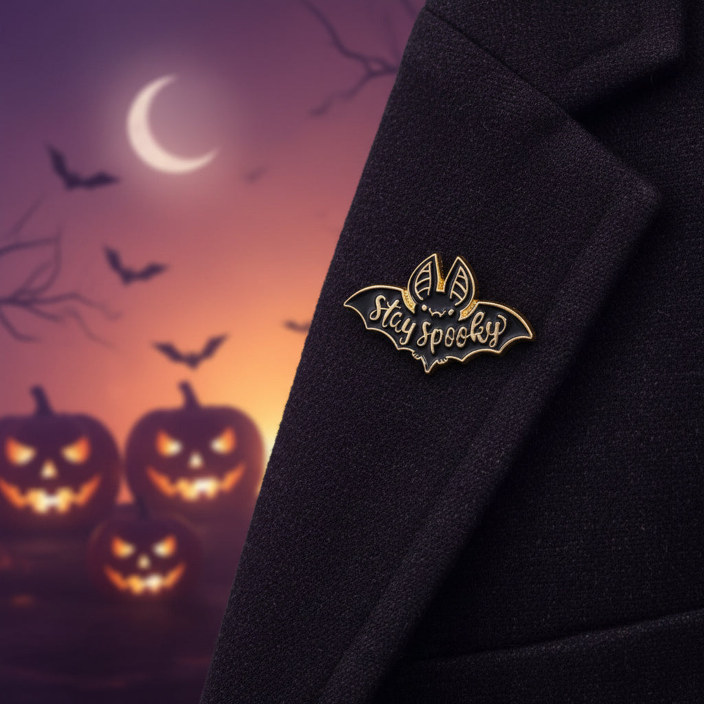 A black and gold enamel lapel pin shaped like a bat with the words 'Stay spooky' written across it, shown on a white background.