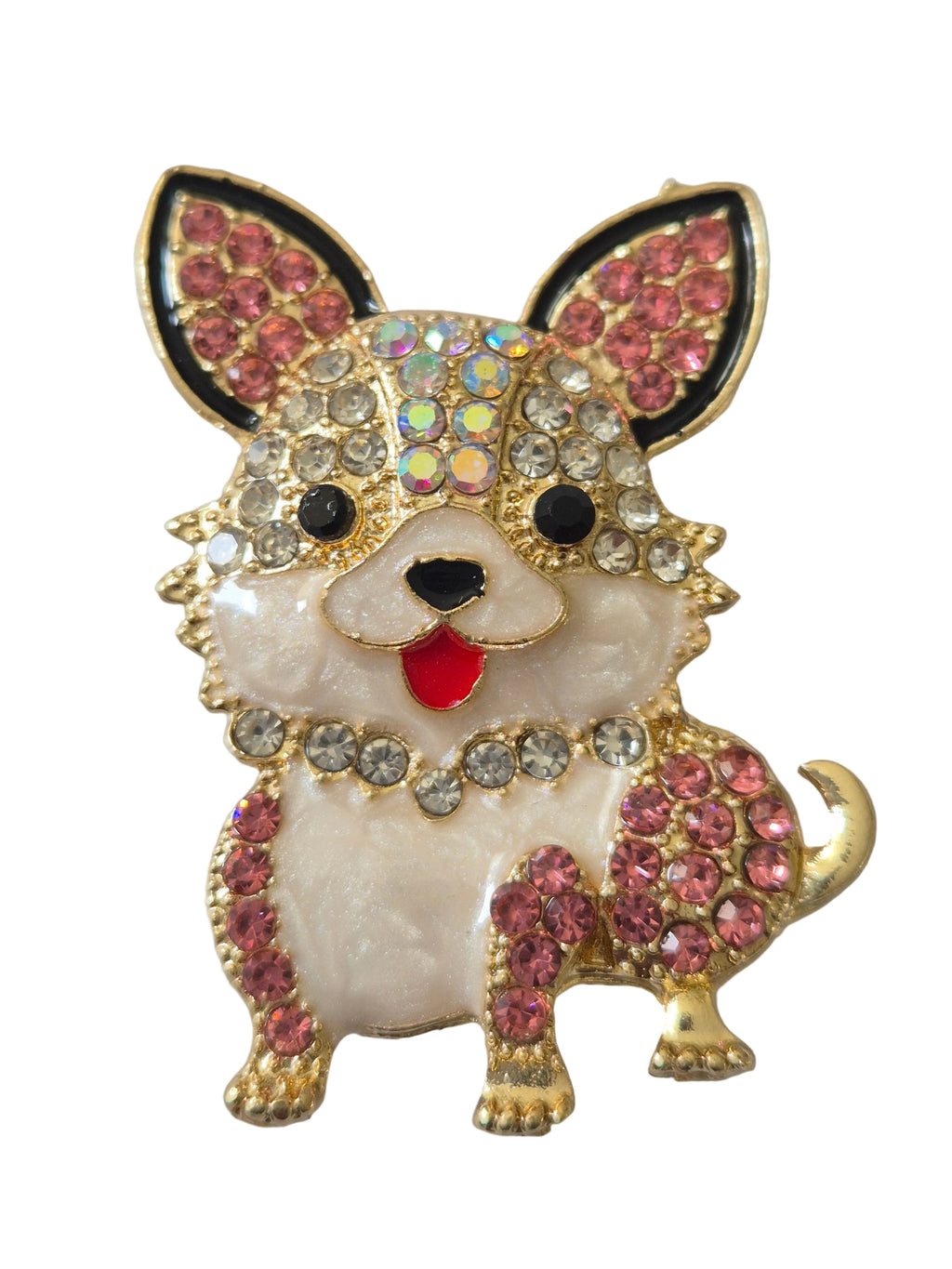 Decorative brooch shaped like a dog with pink and gold accents on a light gray background
