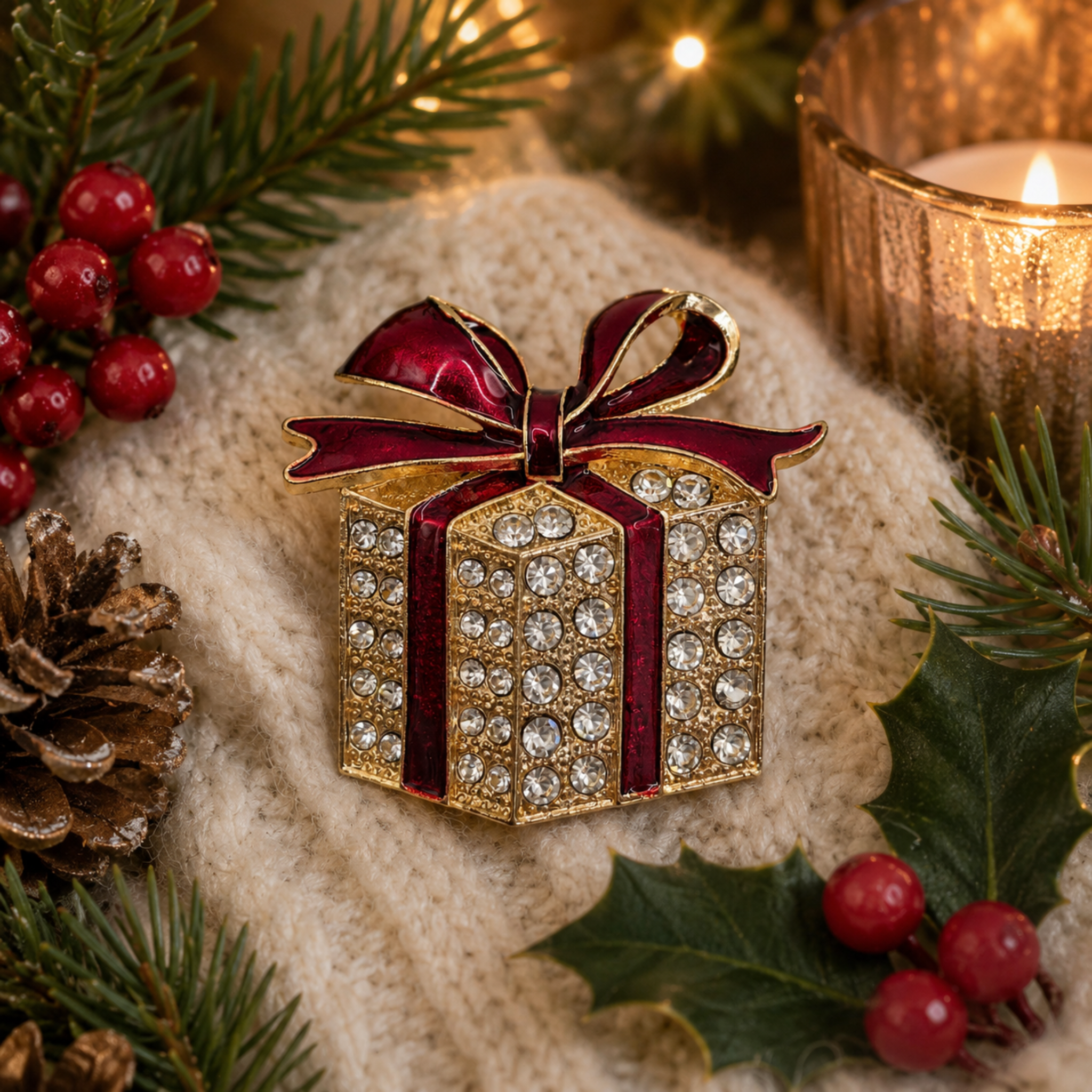 Gold and crystal Christmas gift box brooch with a deep red enamel ribbon, displayed on a soft cream knitted blanket surrounded by holly, pine branches, berries and warm candlelight, creating a cosy festive Shopify lifestyle image.