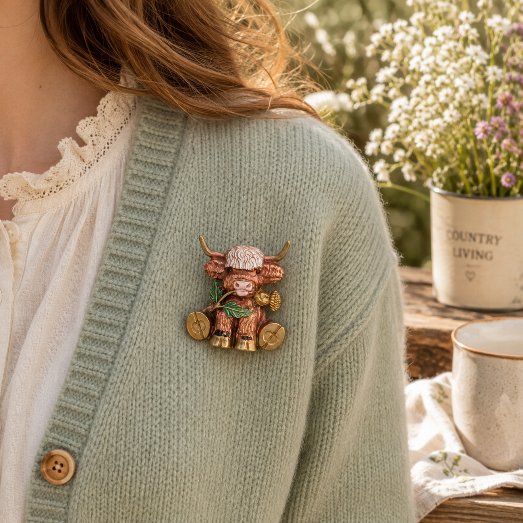 A close-up lifestyle shot of a person wearing a detailed, rustic bull-shaped brooch on their mint green cardigan. The background features a soft-focus outdoor setting with a potted white flower and a ceramic mug.
