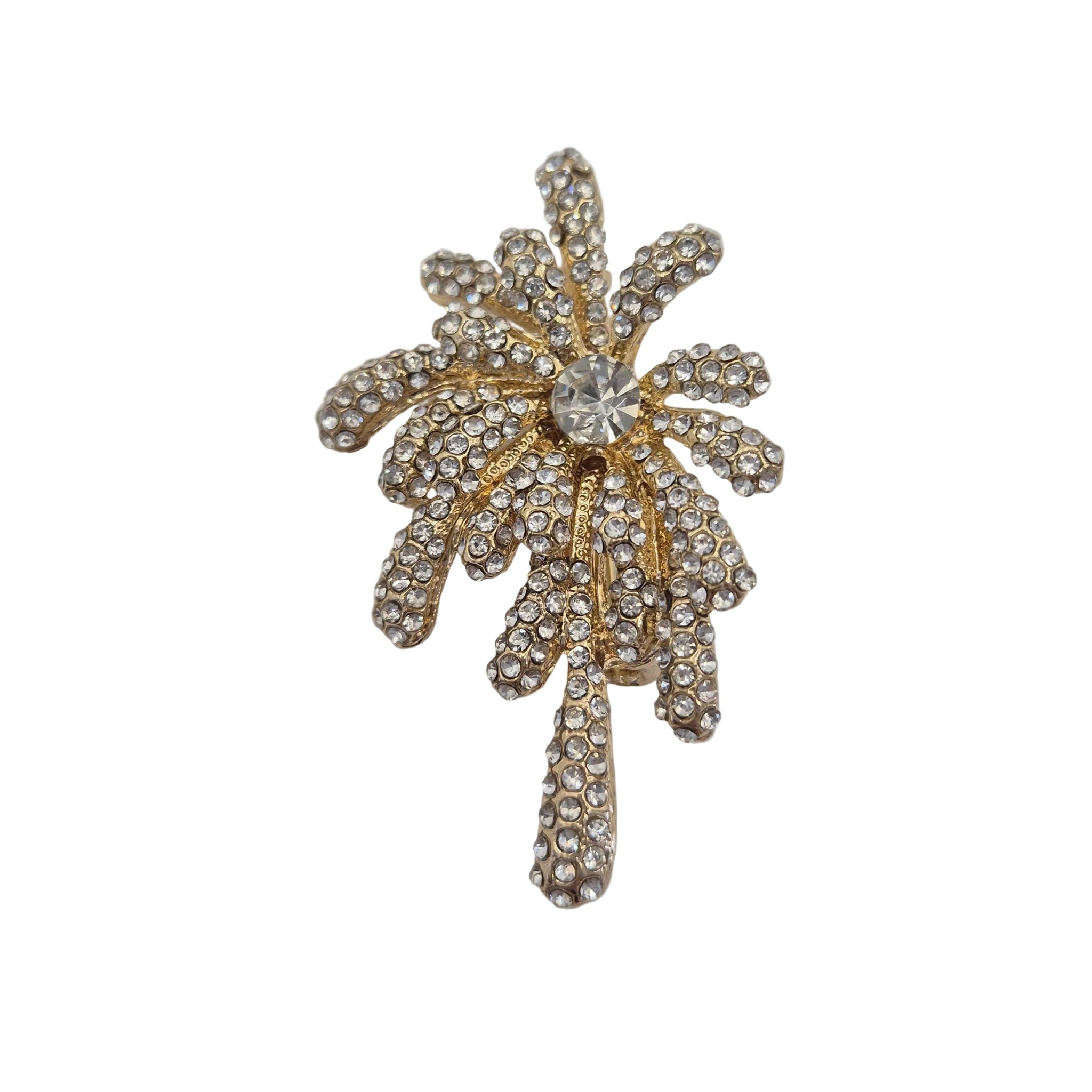 Gold rhinestone detail firework brooch pins displayed against a plain white background.